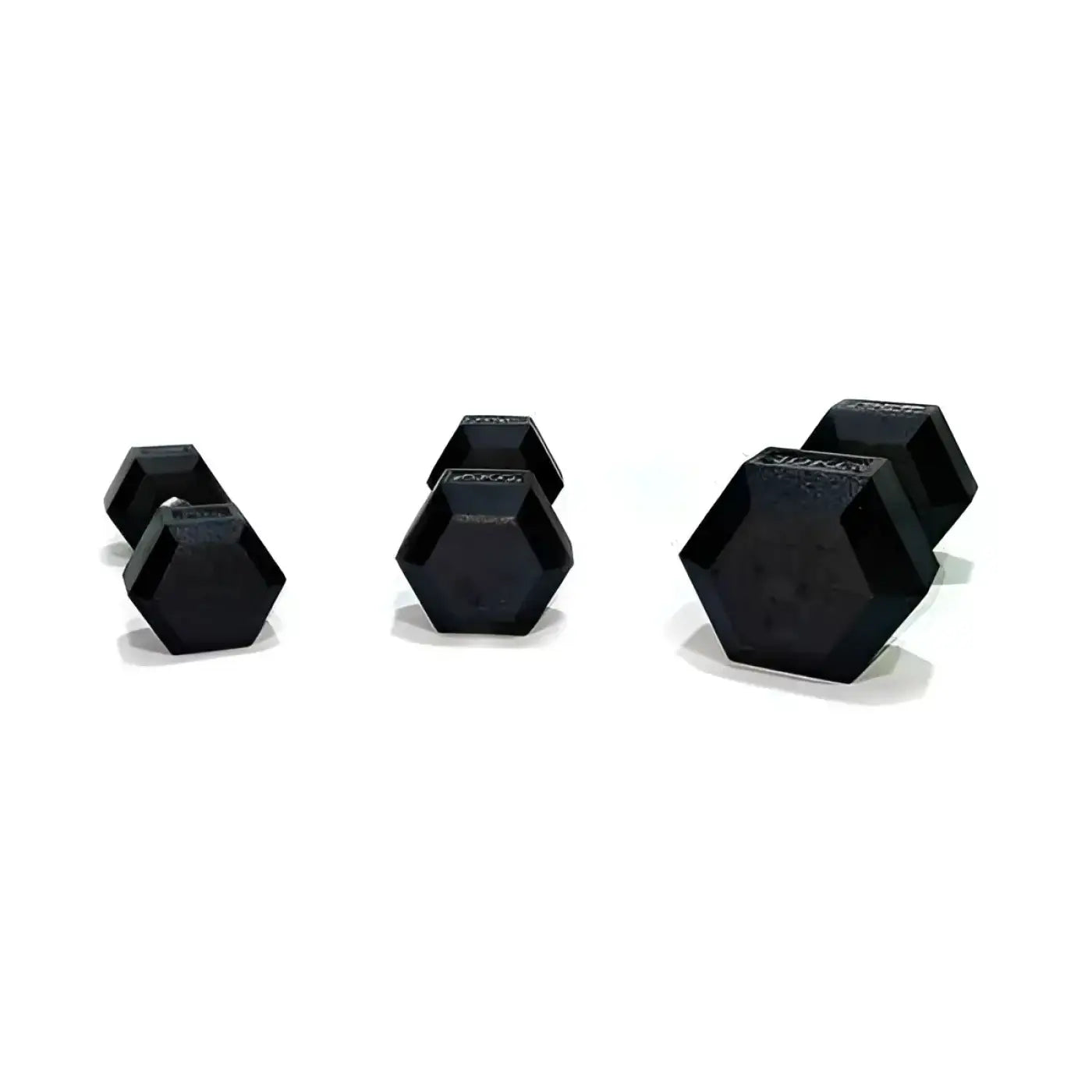Set of black rubber hex dumbbells with textured grips and weight markings ranging from 2.5kg to 15kg uk delivery