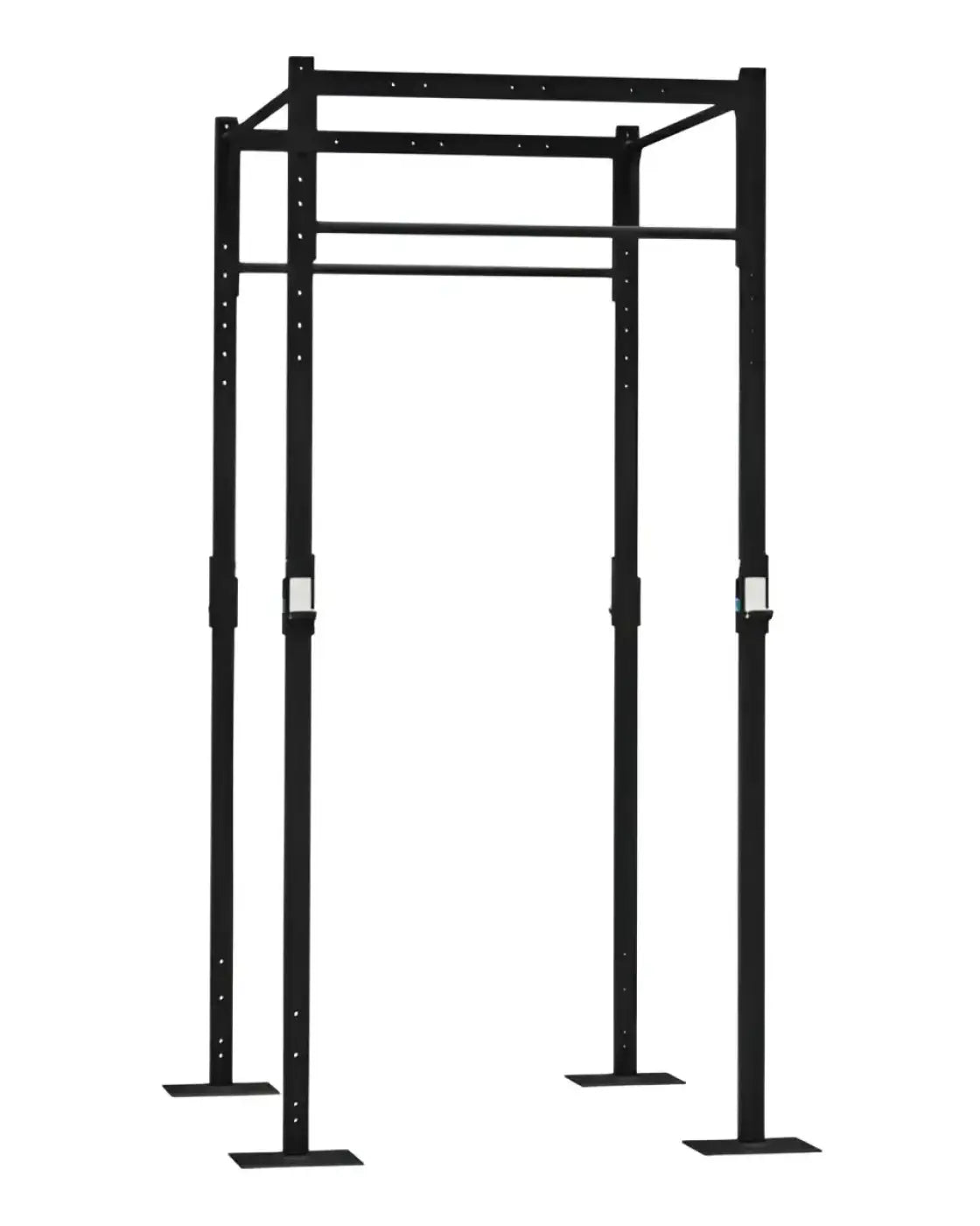 Black metal 2 station squat rig with adjustable height bars and sturdy base plates for home workout use