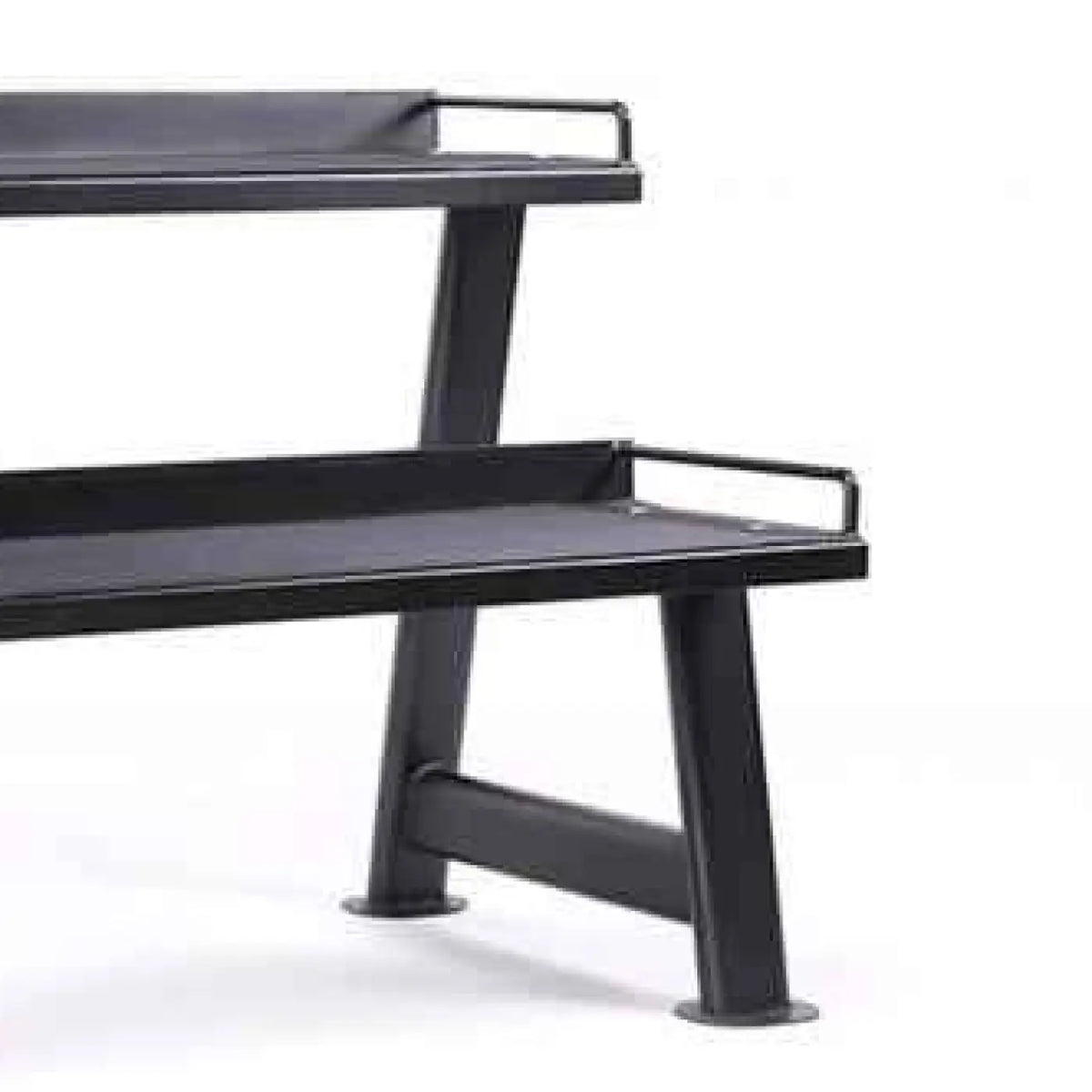 Black metal weight bench with sturdy frame and handlebars shown from the back in 2 tier kettlebell rack uk fast delivery product