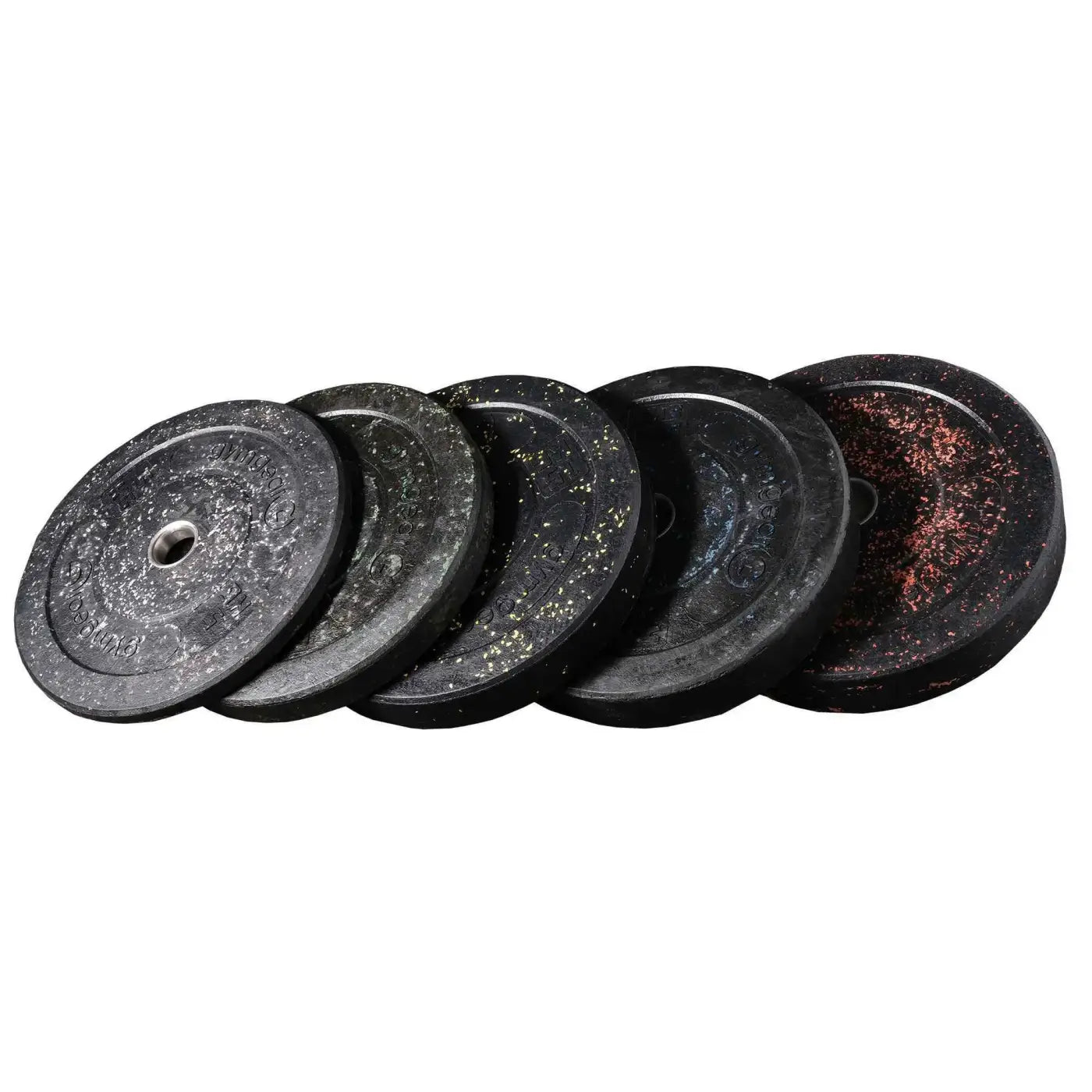 Black rubber 300kg basics hi-temp bumper plates with speckled texture and red glitter accents built for home use