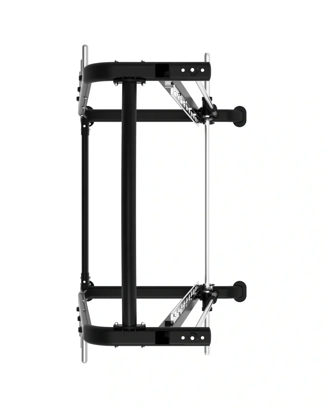 Black and silver metal bicycle rack with adjustable arms and mounting brackets for home training elite series smith machine