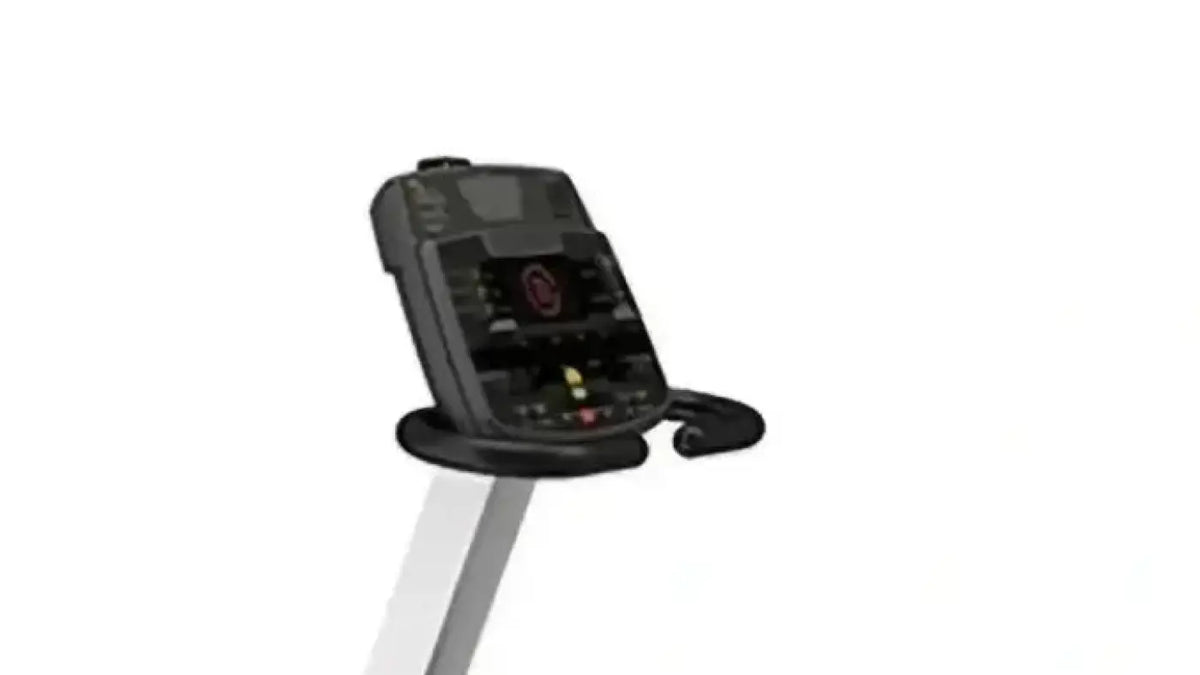 Black digital console with red logo and control buttons on silver frame of encore recumbent bike for home fitness