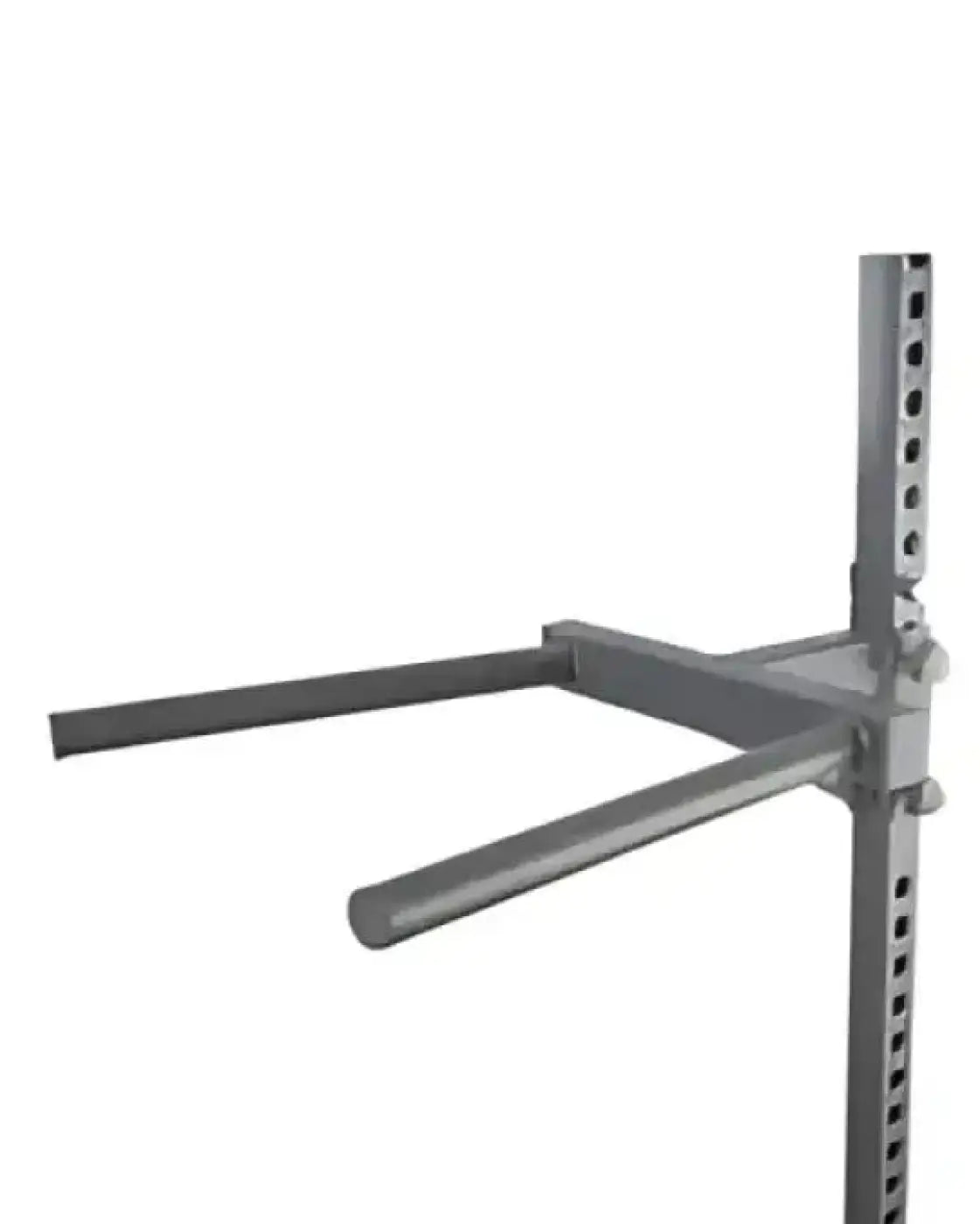 Gray metal gym gear arm dip attachment with adjustable horizontal bars for home gyms weight rack use