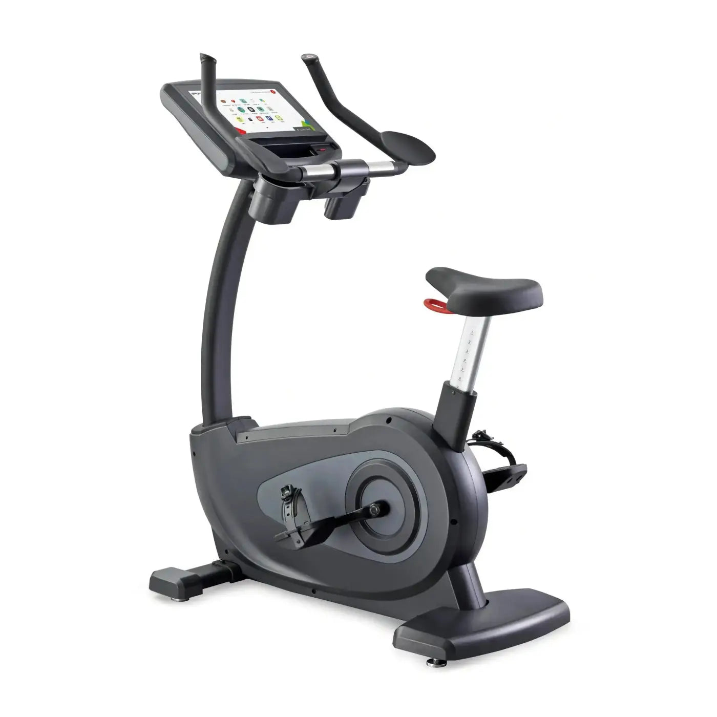 Black Gym Gear B8e Entertainment Upright bike with digital display screen and ergonomic handlebars for home workouts