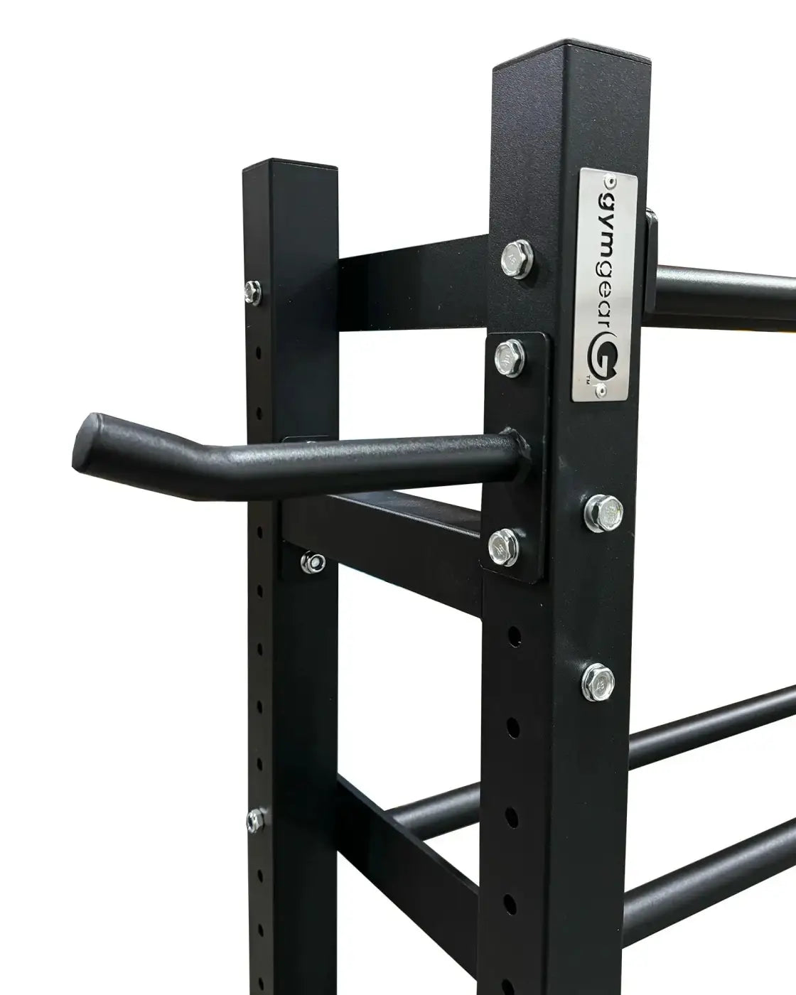 Black metal gym gear functional storage rack with sturdy industrial design and silver bolts for home workout use