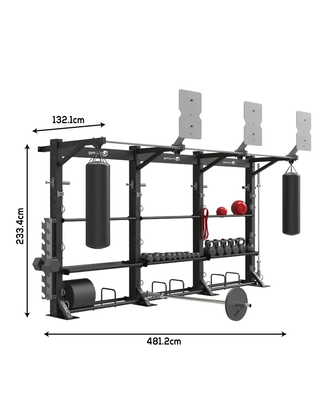 Black metal home gym rack with integrated shelves hanging punching bags and weight storage compartments uk delivery