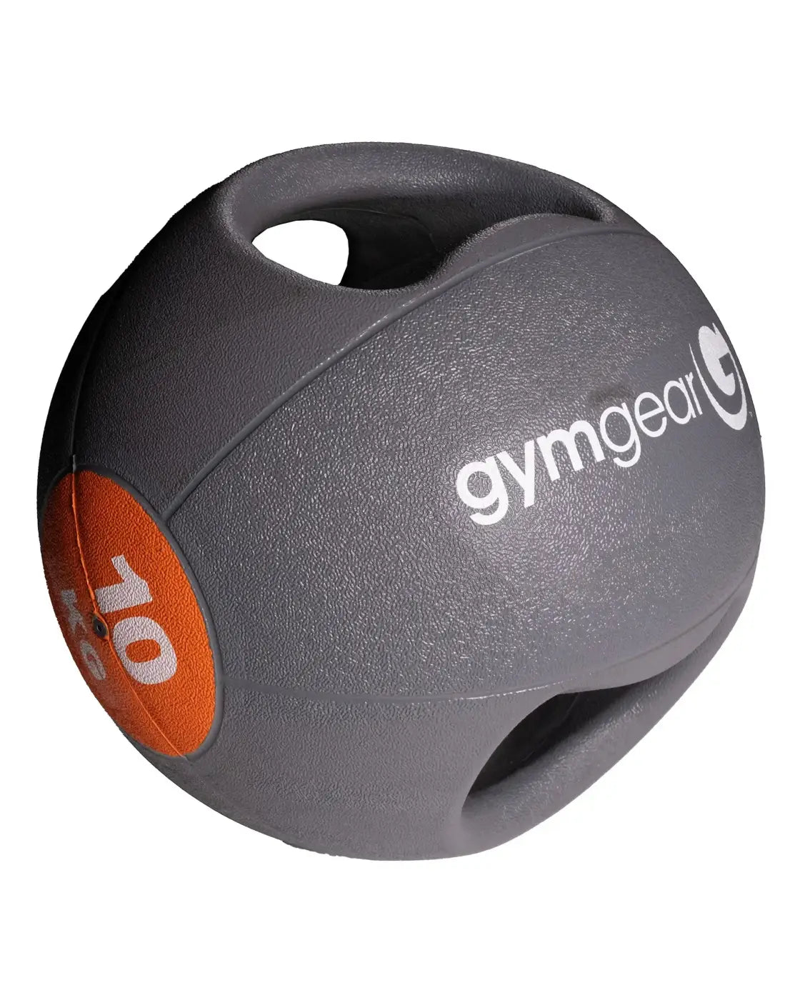 Gym gear medicine ball with handles gray color and orange patch marked 10 for home gym workouts