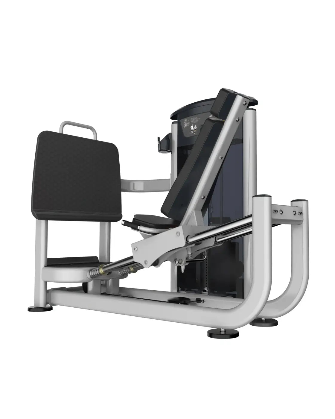 Silver and black Gym Gear Perform Series leg press calf raise machine with padded seating and adjustable weight stack for home use