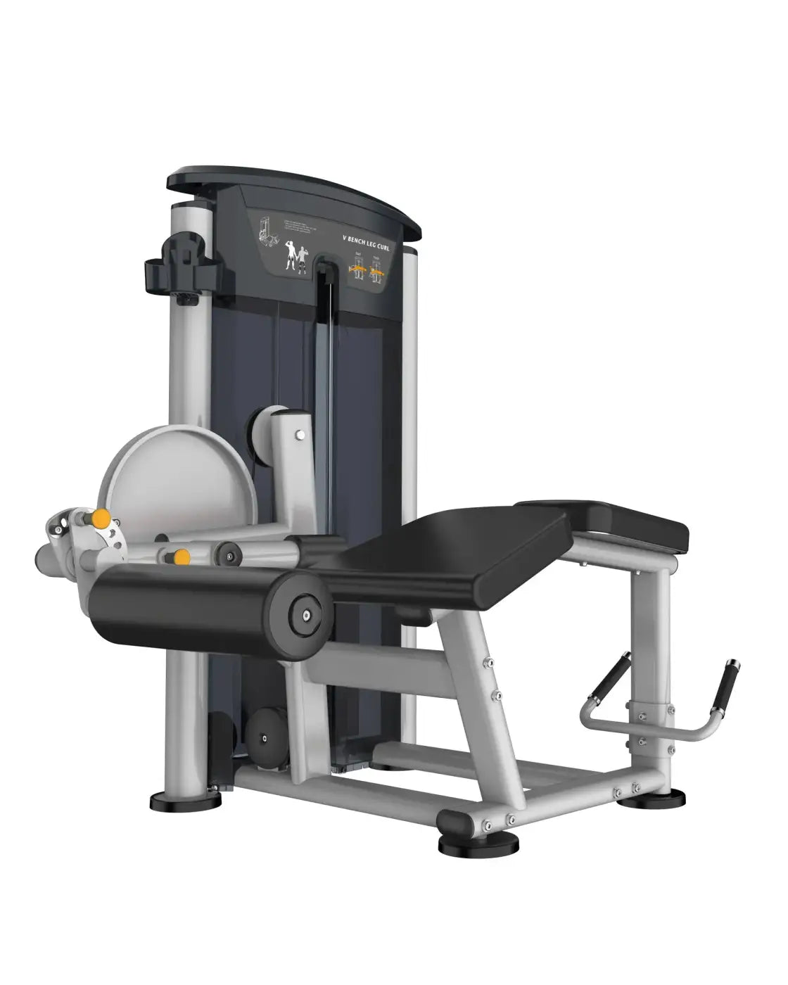 Silver and black gym gear perform series lying leg curl machine with padded seat adjustable weights and safety features