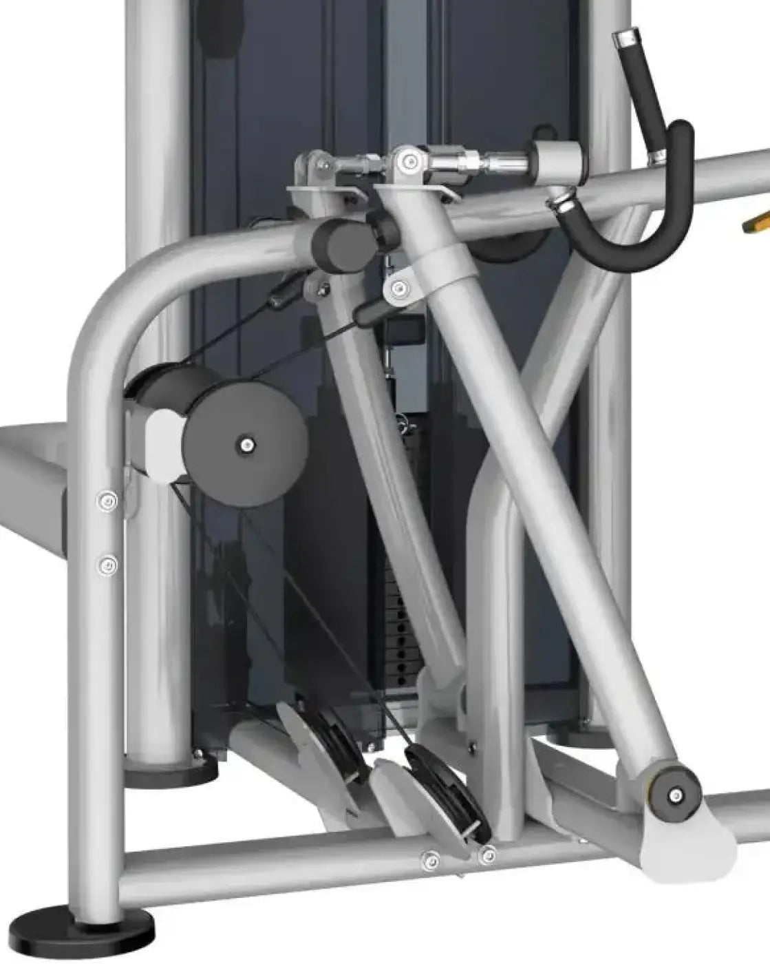 Silver metallic frame gym gear perform series seated row with black rubber handles and pulley system in compact design
