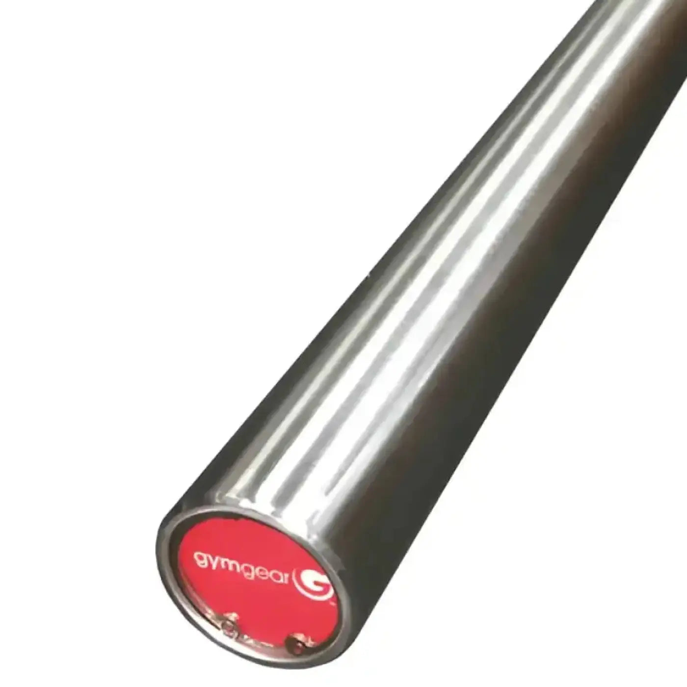 Shiny chrome premium Olympic bar with a red gymgear logo label designed for gym use with UK delivery