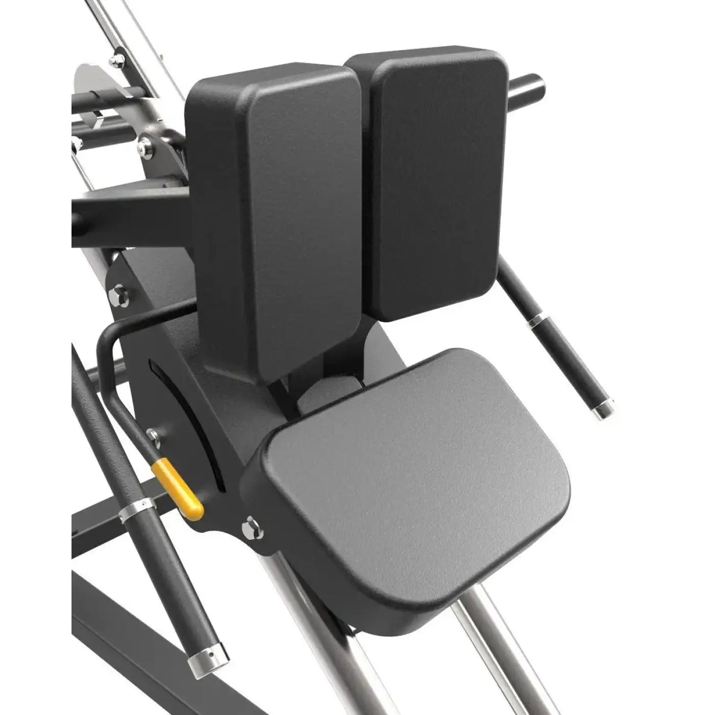 Black padded seat and backrest assembly with metallic frame of gym gear pro plate loaded hack squat machine back side