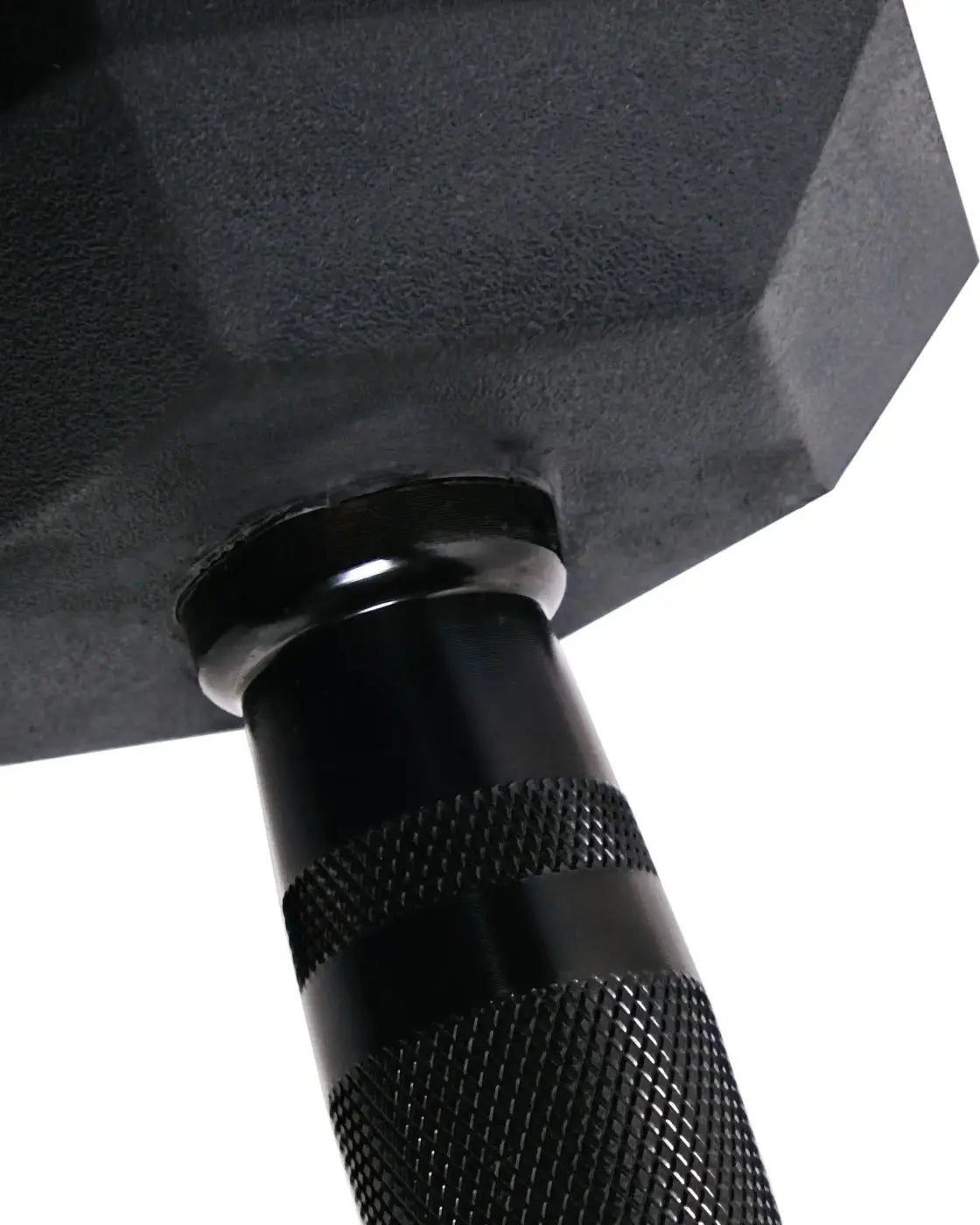 Black rubber hex dumbbell with textured grip handle designed for home gyms front view