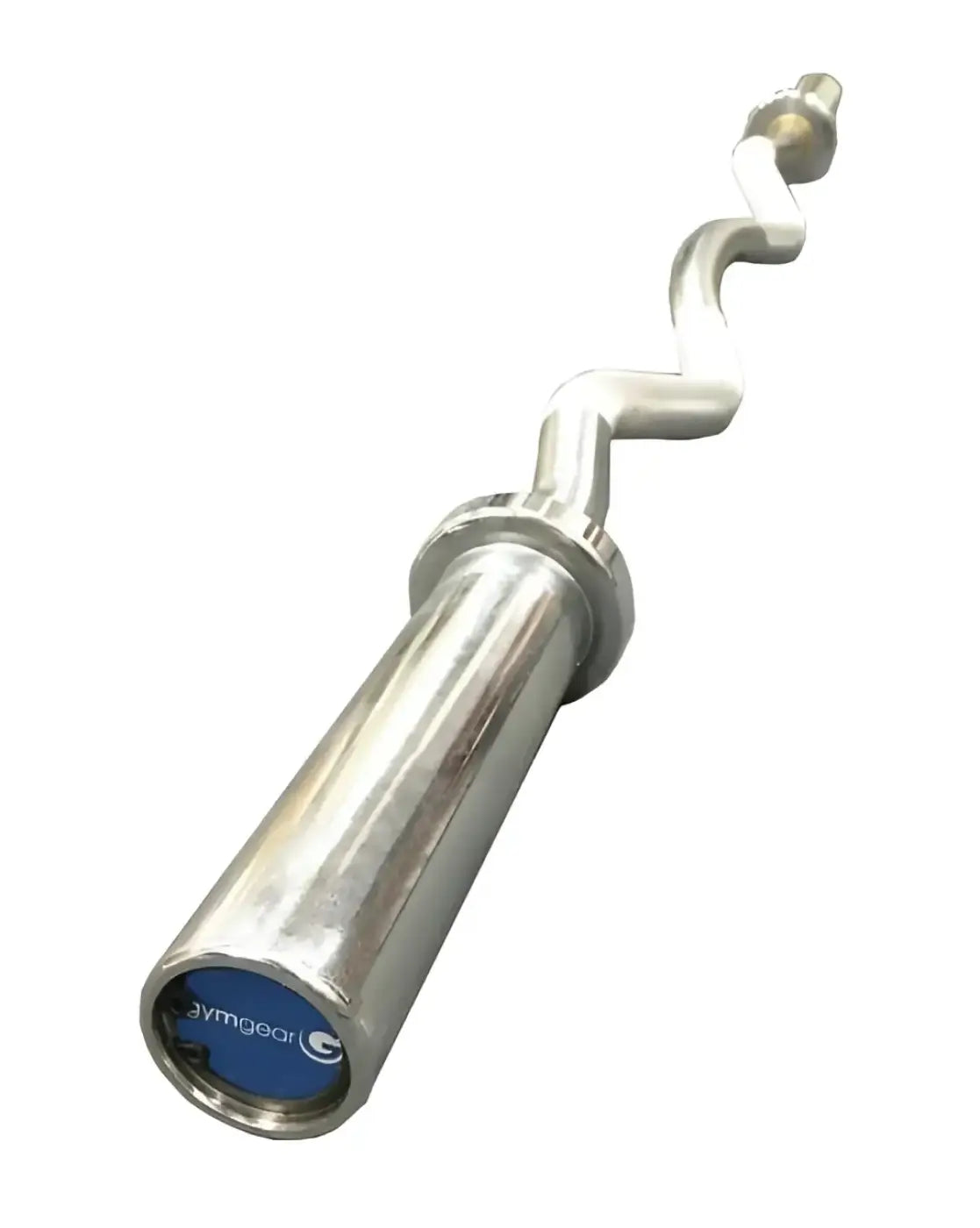 Silver polished metallic standard Olympic ez curl barbell with spiral curls and jymgear logo on the end cap