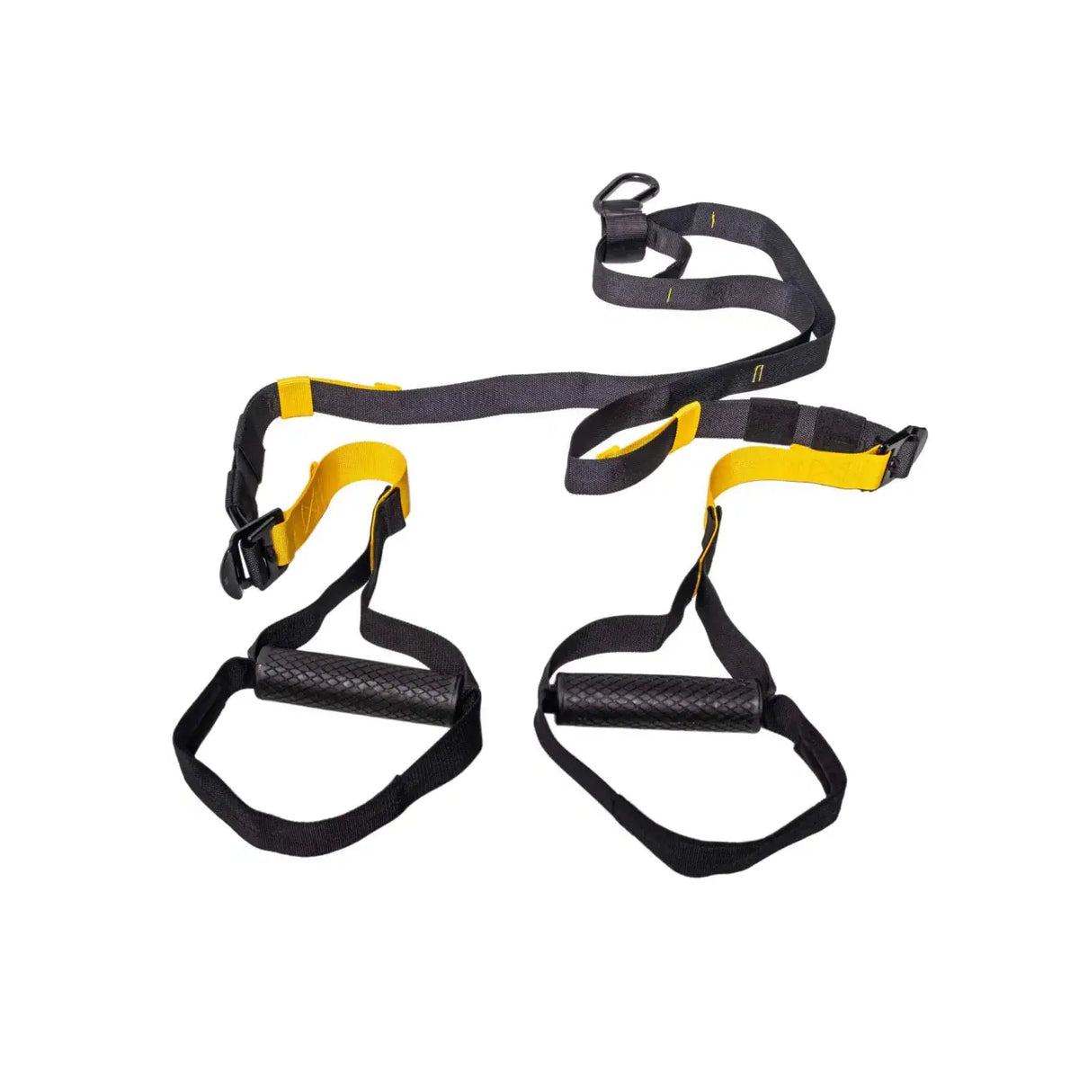 Black and yellow gym gear suspension trainer with textured grip handles for home fitness workouts