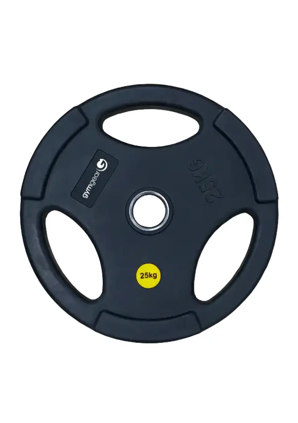 Black 25kg urethane olympic weight plate with matte finish and tri-grip cutouts for home use gym gear