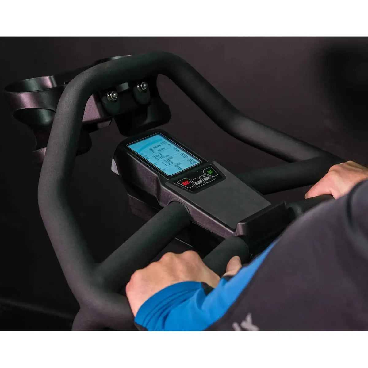 Black ergonomic handlebars with blue illuminated digital display panel on m sport elite upright exercise bike for home gym uk