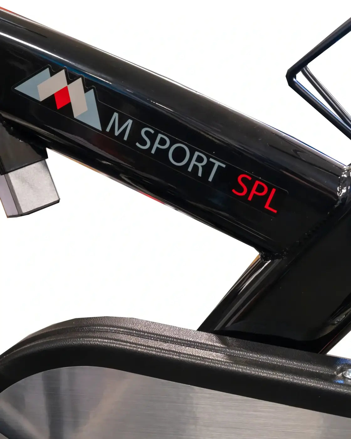 Black m sport spl indoor cycle frame with glossy finish and red lettering for compact exercise use