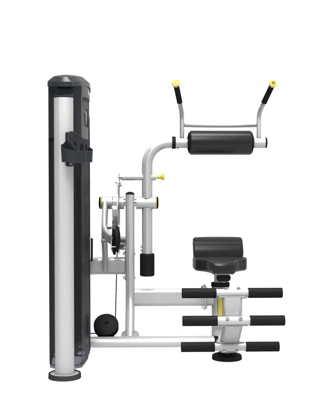 Silver and black adjustable back extension machine with yellow accents from perform series featuring compact design