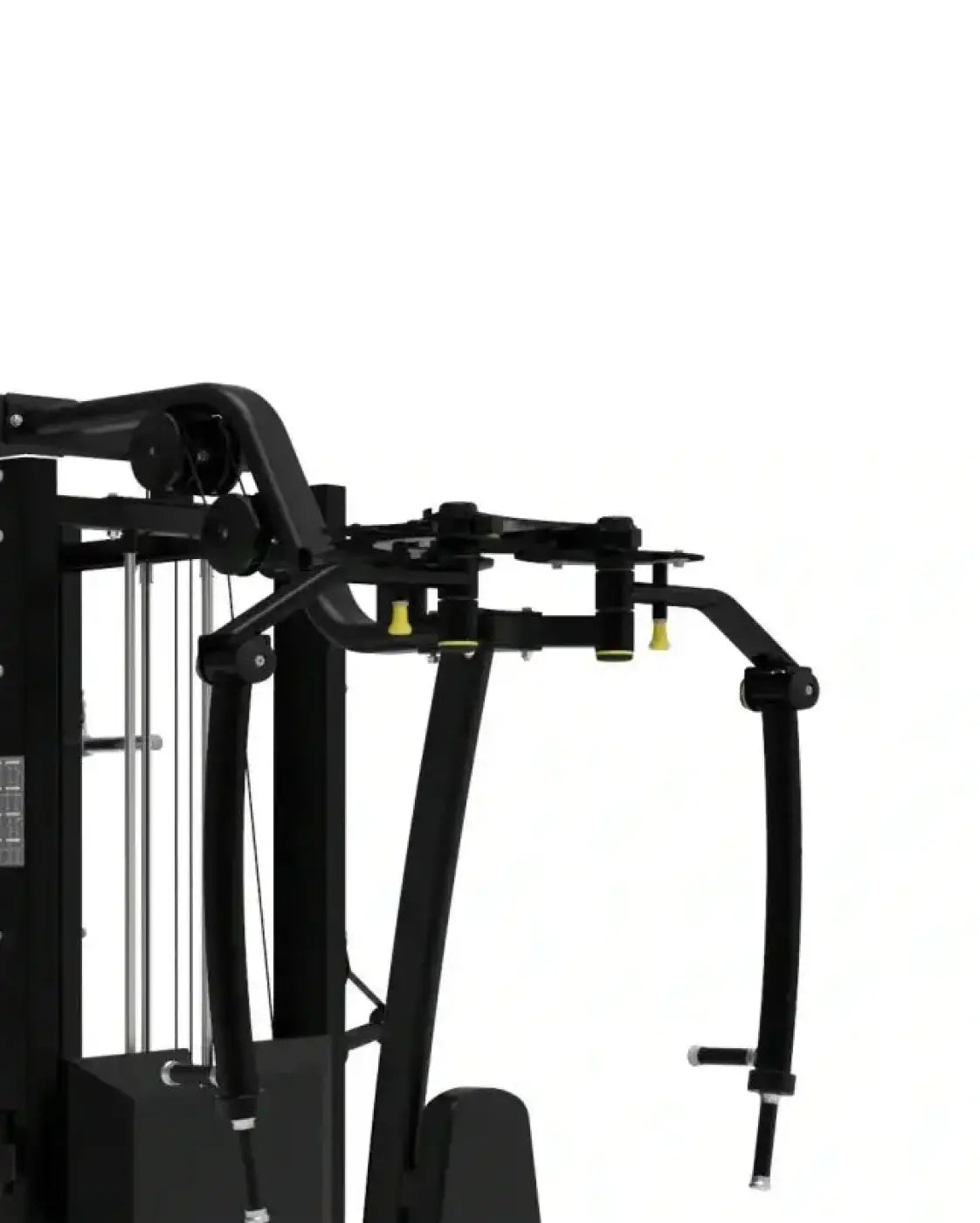 Black metal cable machine with yellow accent pins and adjustable handles in platinum series jungle multi gym compact design