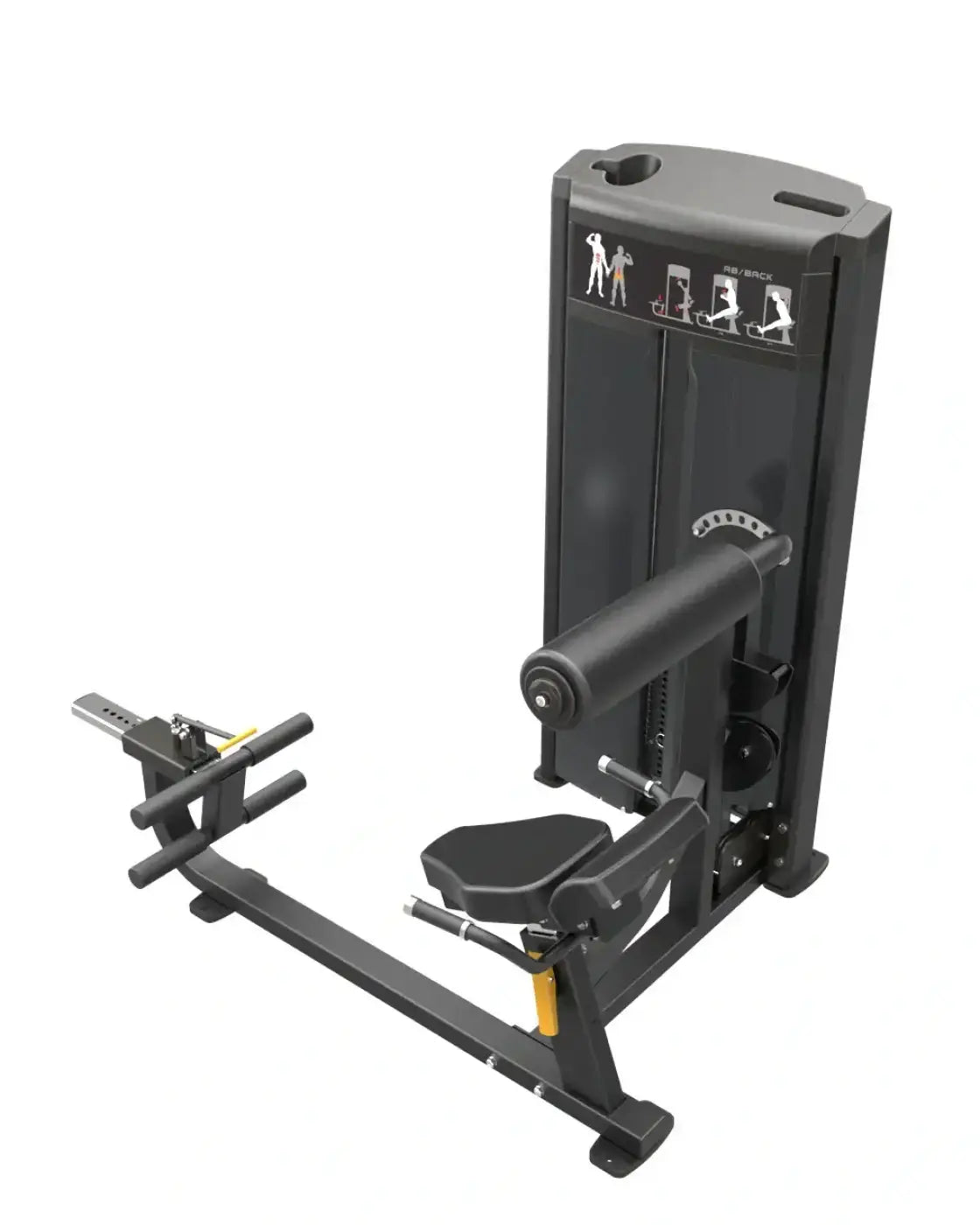 Pro Series black metal ab back workout machine with padded seat and handlebars for targeted leg exercises