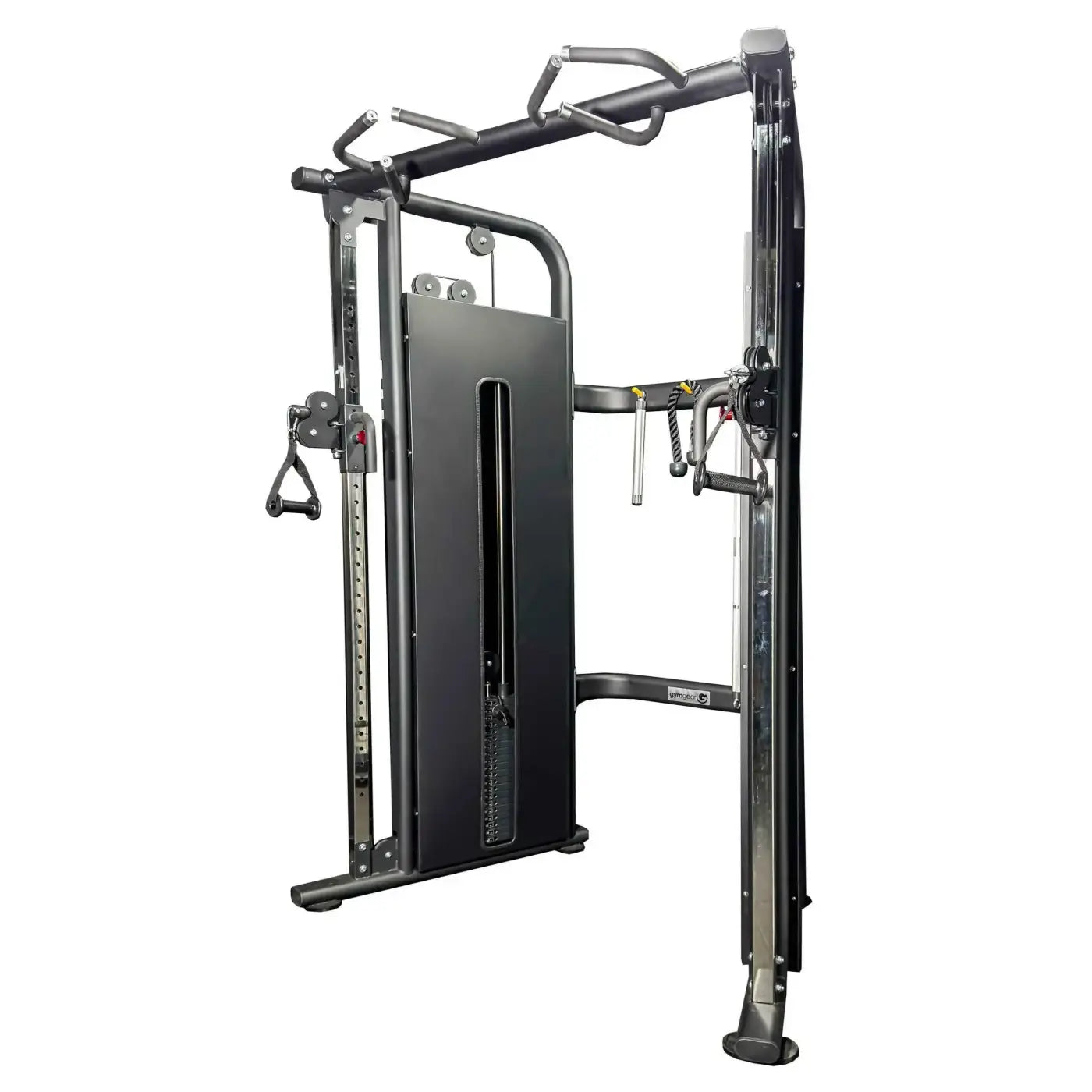 Black metal pro series power cage with dual adjustable pulley full shroud and multiple grip handles for home fitness