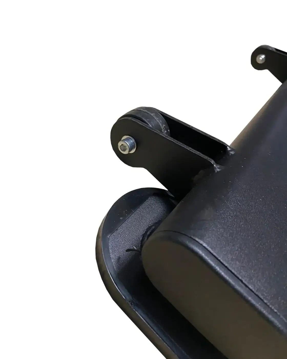 Black metal roller with silver screw and mounting bracket on the back of pro series multi adjustable bench built for home