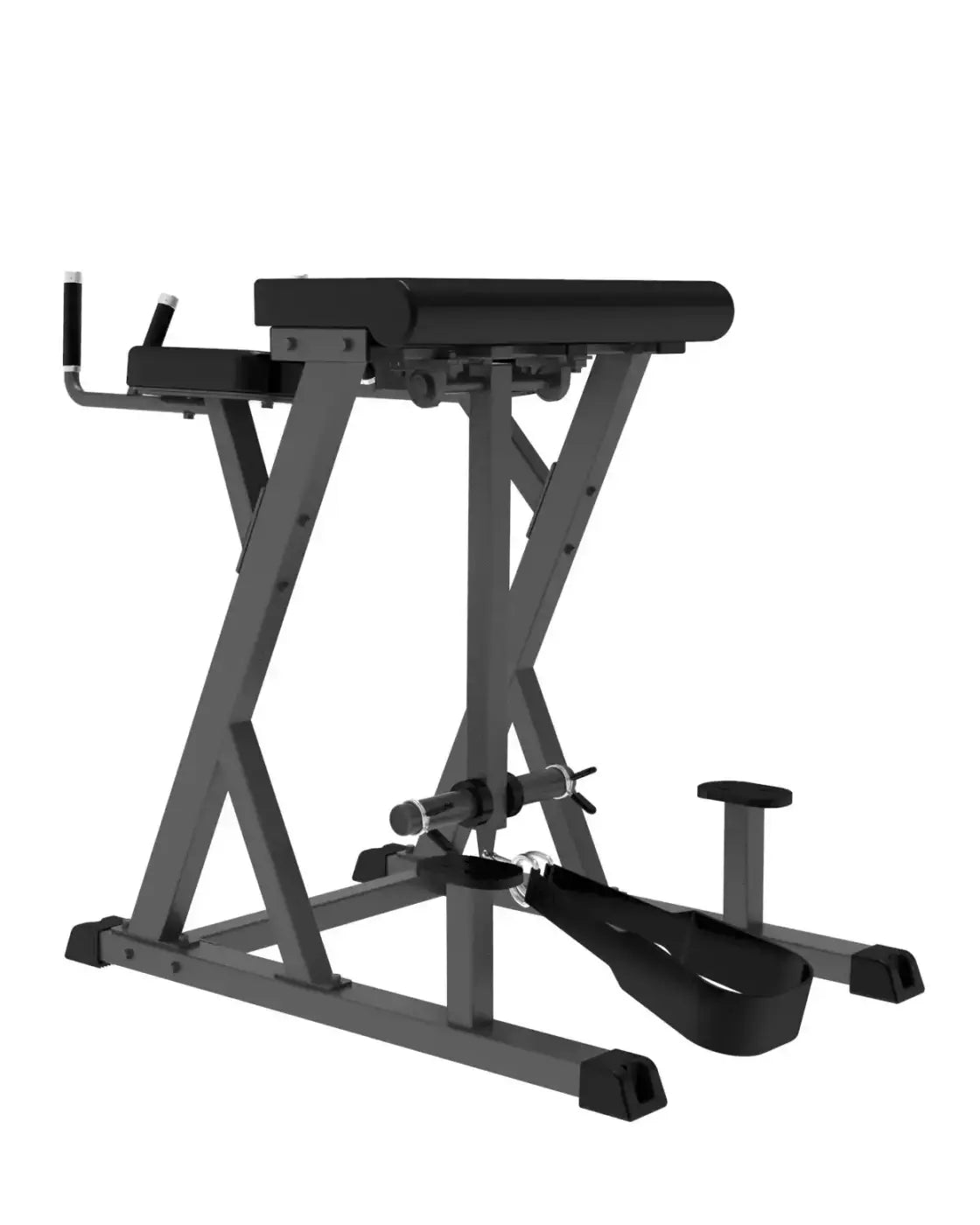 Black padded Pro Series plate loaded weight bench with adjustable height and leg extension for home fitness