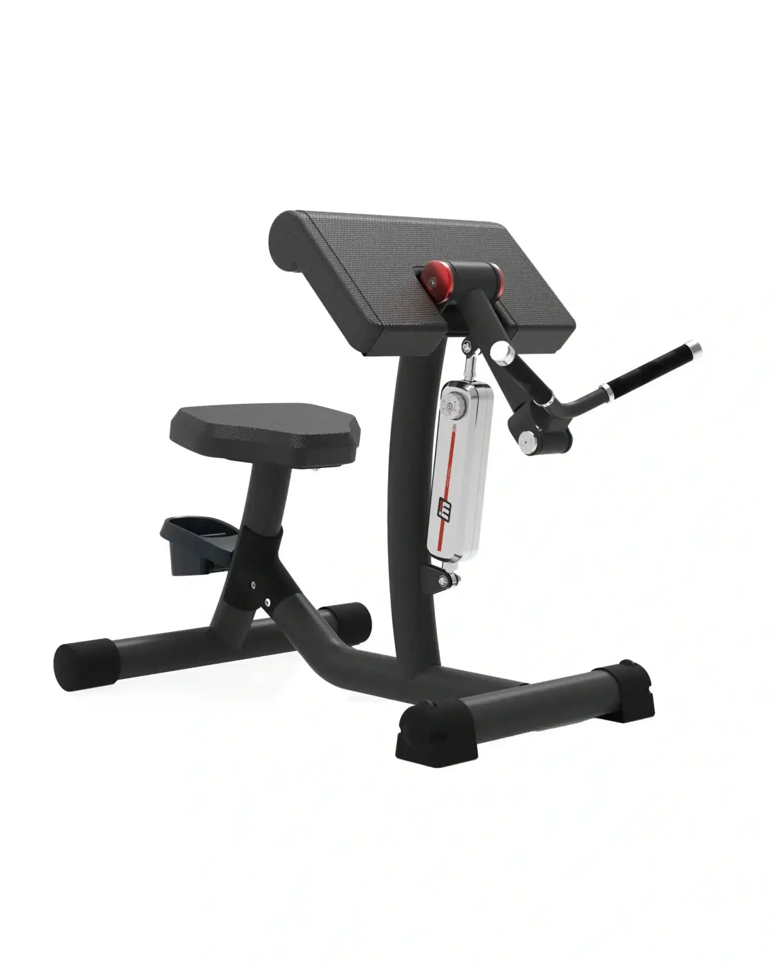 Black and red adjustable dumbbell curl machine with textured seat padded backrest and chrome resistance spring for home workout