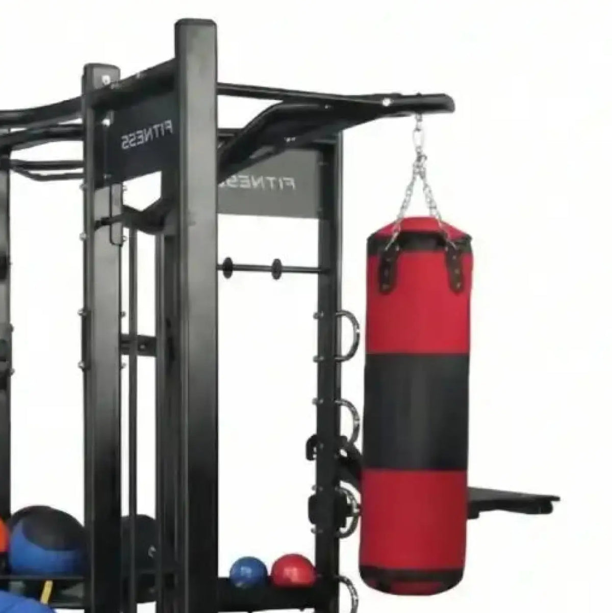 Spartan studio rig home workout red and black leather punching bag hanging from metal frame for boxing training