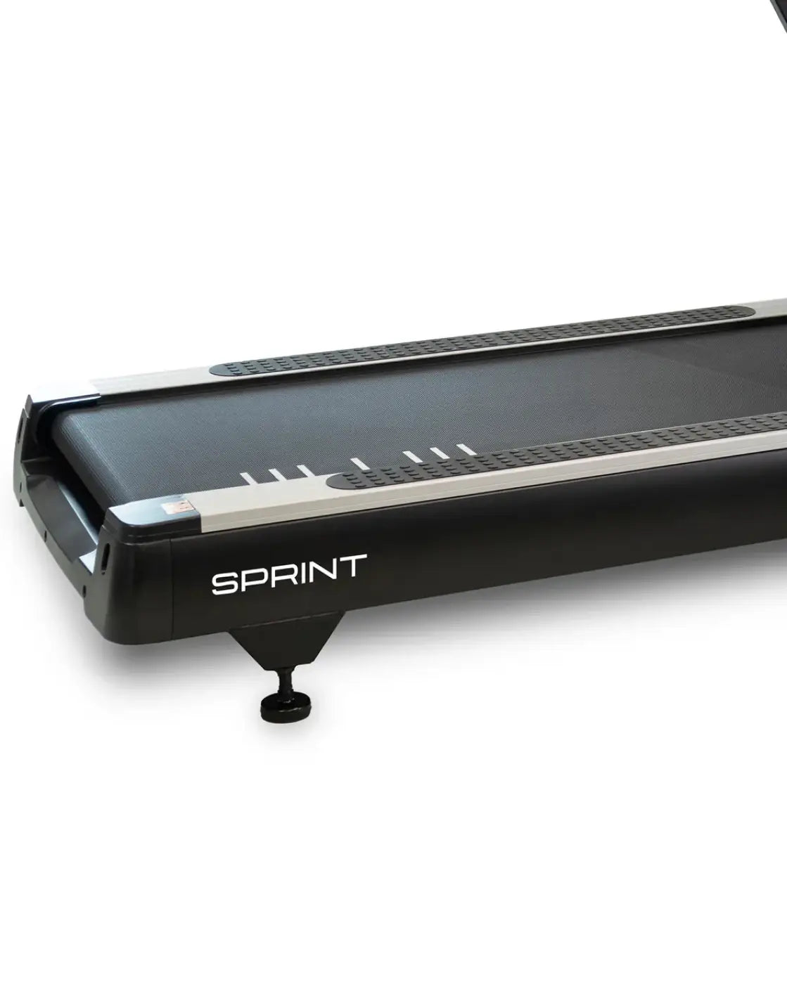 Black sprint commercial treadmill with 4.0 hp motor, zwift compatible, textured running belt, and silver accent trim