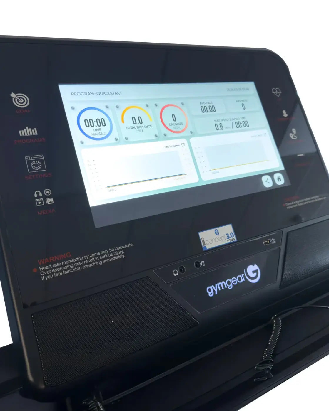 Black sprint LCE light commercial treadmill console with 16 inch touchscreen showing workout metrics and controls