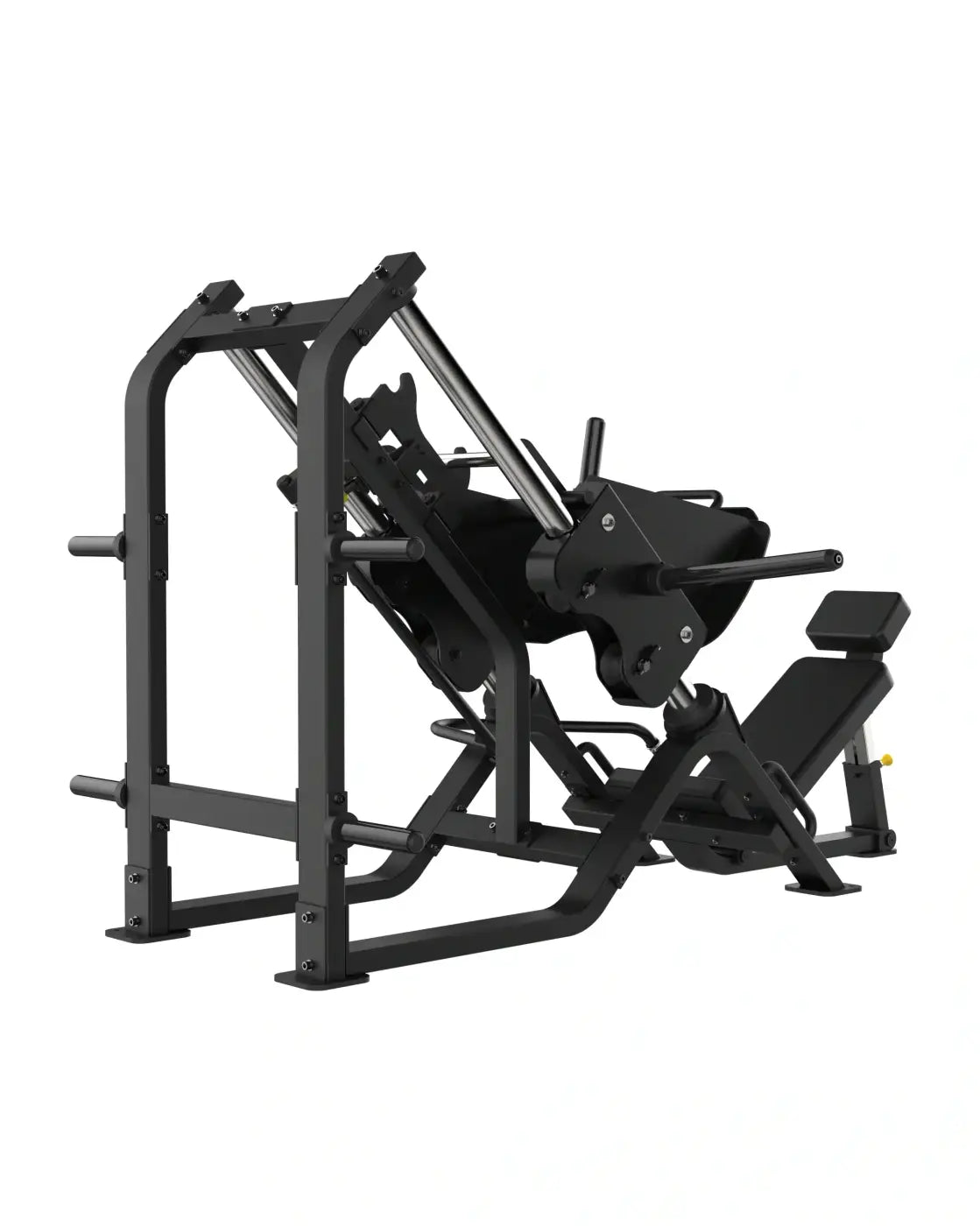 Black metal Sterling Series 45 degree leg press machine with adjustable weight stack and padded seat for home fitness