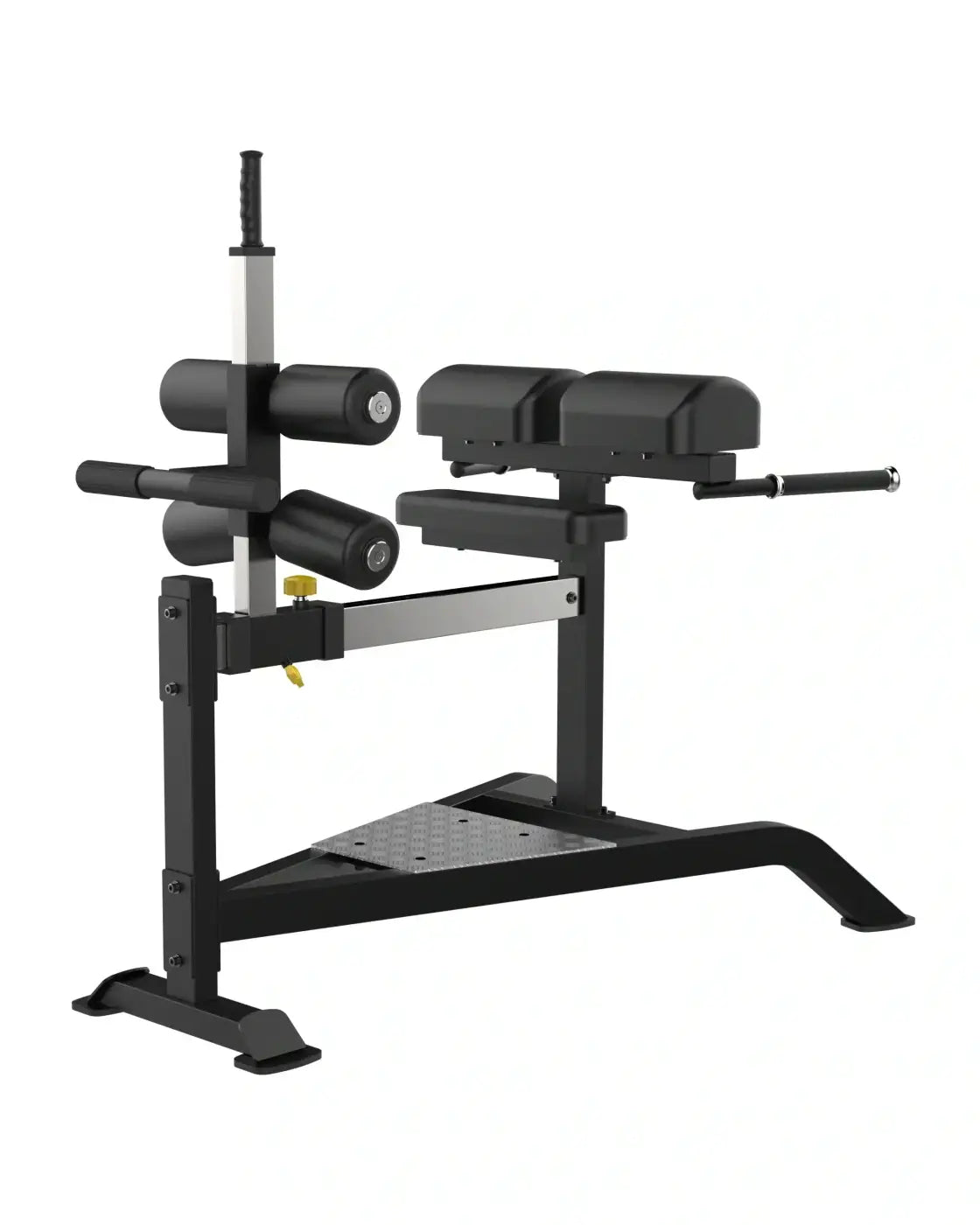 Black and silver adjustable Sterling Series glute ham bench with padded seat handlebars and weight plates for UK delivery