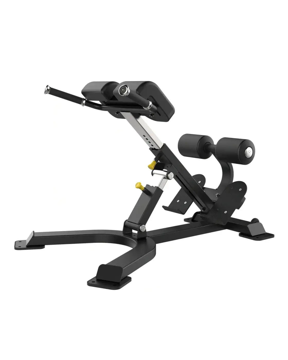 Sterling Series back extension machine with black metal frame, foam padding, adjustable height, and yellow adjustment knobs