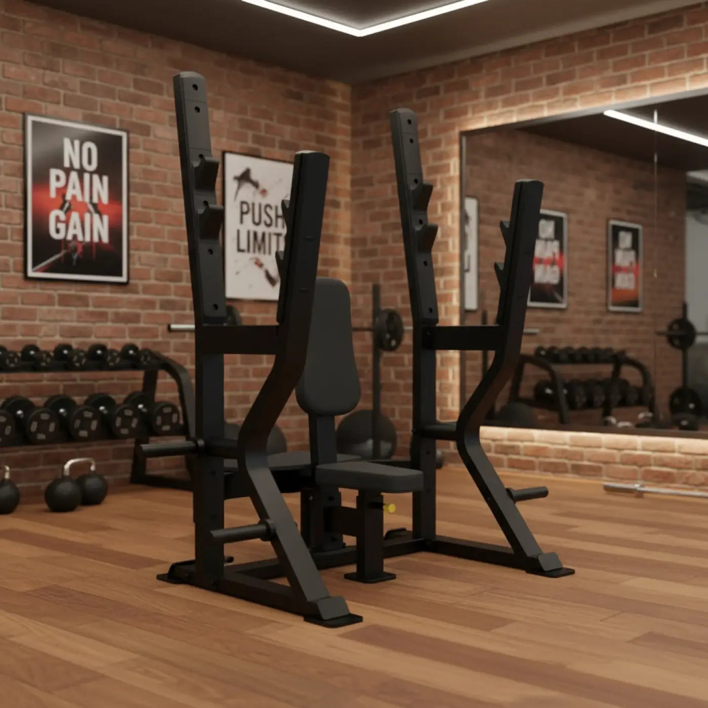 Black metal power rack with adjustable height bench and safety bars from Sterling Series for home use