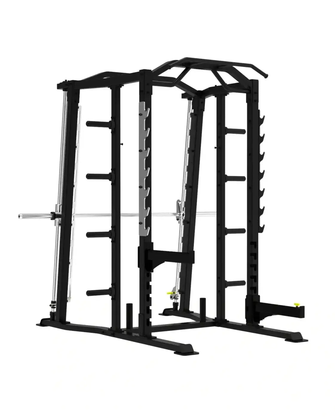 Black sterling series smith machine with adjustable height bars and central barbell track for home use