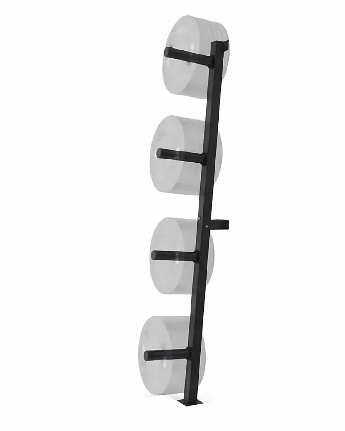 Black metal wall-mounted weight plate storage rack with four horns holding clear plastic cylindrical weights