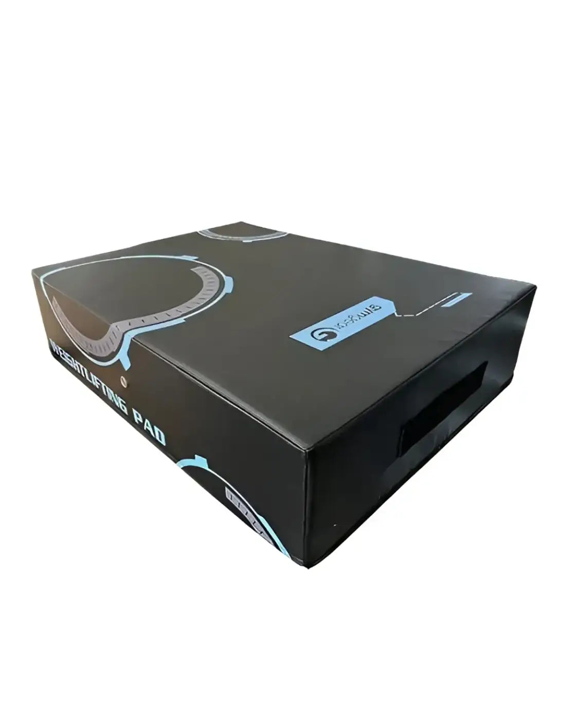 Black rectangular weightlifting drop pad pair with light blue graphic design and compact design for gym use