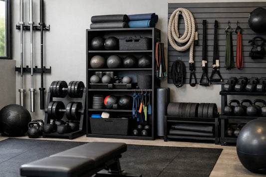 Black metal weight rack with neatly organized dumbbells kettlebells and exercise balls for home gym storage ideas