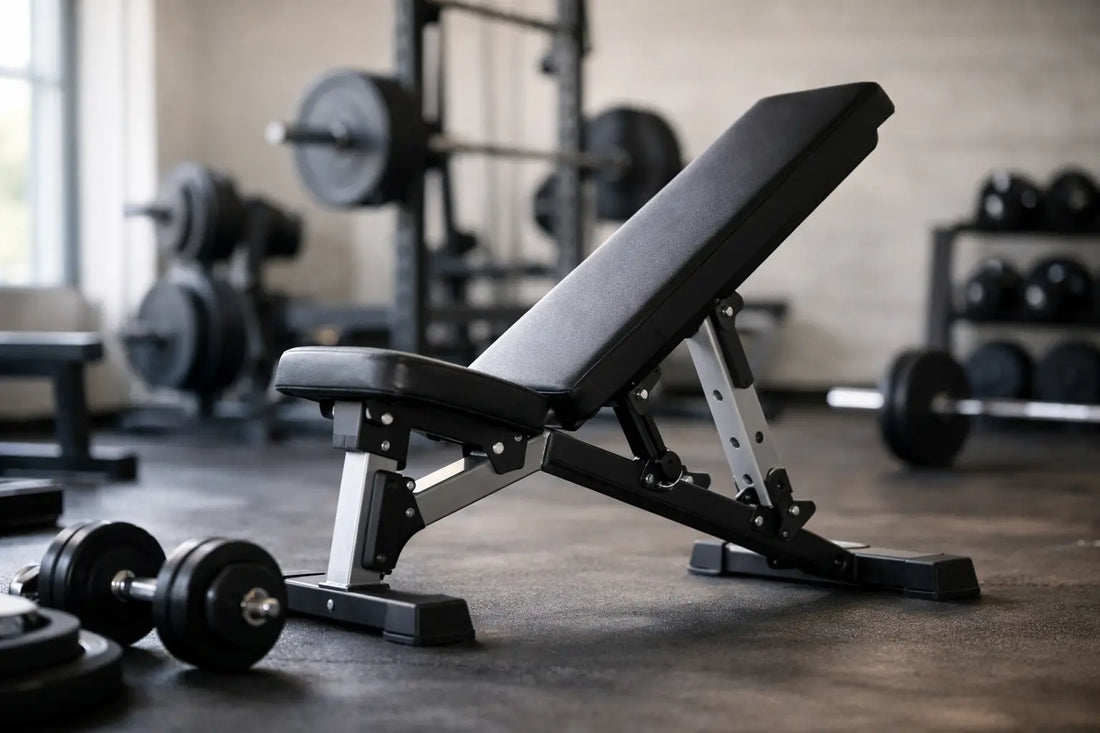 Black adjustable angled weights bench with padded seat and backrest featuring sturdy metal frame for versatile workouts
