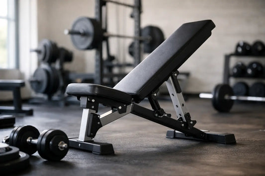 Black adjustable angled weights bench with padded seat and backrest featuring sturdy metal frame for versatile workouts