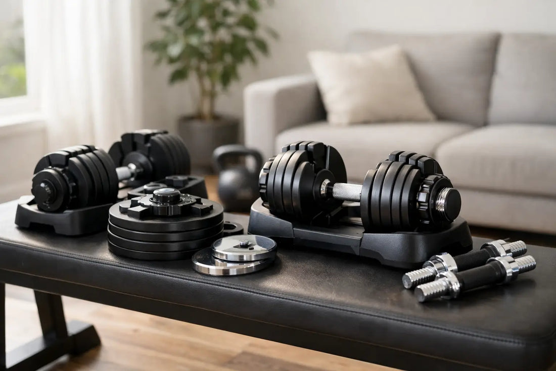 Black adjustable dumbbells with chrome accents and weight plates on a bench for home use fitness training