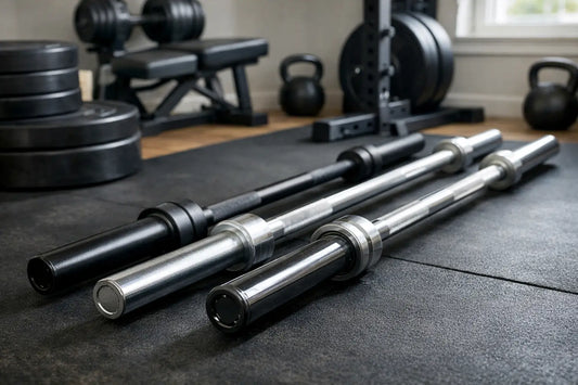 Three chrome-finished barbells with black knurled grips neatly arranged on a gym mat for home gym use