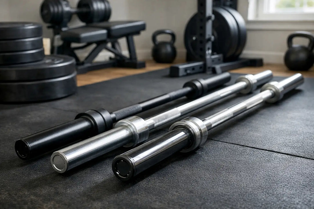 Three chrome-finished barbells with black knurled grips neatly arranged on a gym mat for home gym use