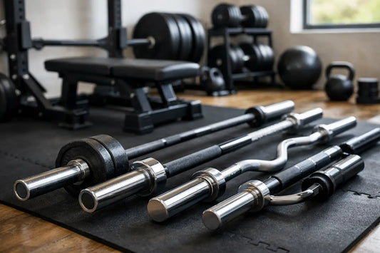 Black and silver weightlifting barbells with textured grips including straight ez curl and cable cobra for home gym use uk buyers