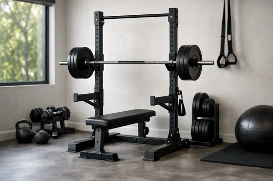 Black metal power rack with adjustable height and weight plates on the barbell for compact home gym use.