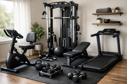 Black metal and rubber gym equipment set ideal for small home gym exercise and strength training use