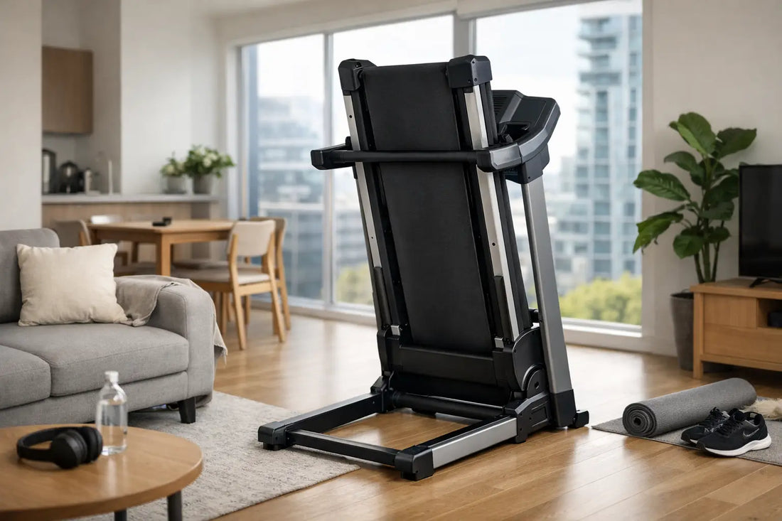 Black and silver foldable treadmill with digital display panel designed for flat living spaces and easy storage.