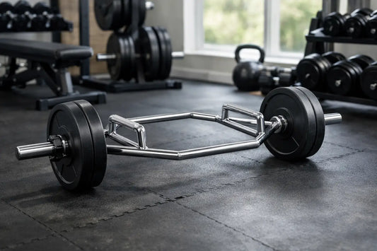 A sleek hex barbell with shiny chrome finish and black weight plates for home gym use in the UK.